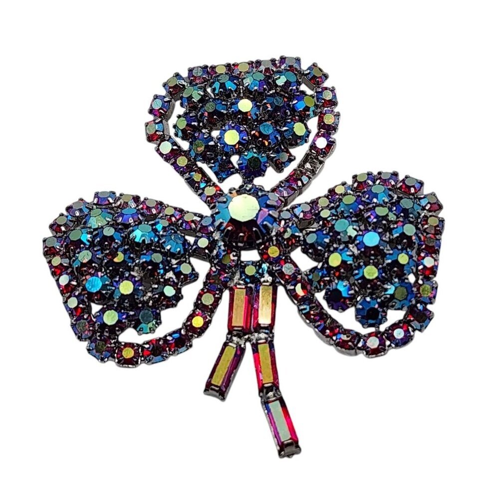 Vintage 3 Leaf Clover Rhinestone Brooch Blue Aurora Borealis